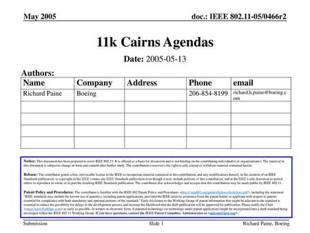 11k Cairns Agendas Date: Authors: May 2005 Month Year