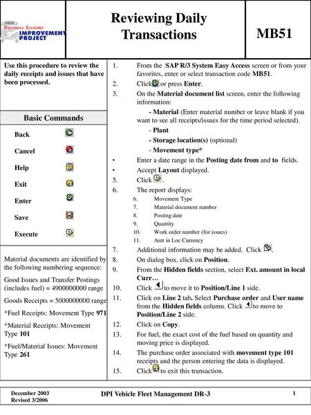 Reviewing Daily Transactions DPI Vehicle Fleet Management DR-3