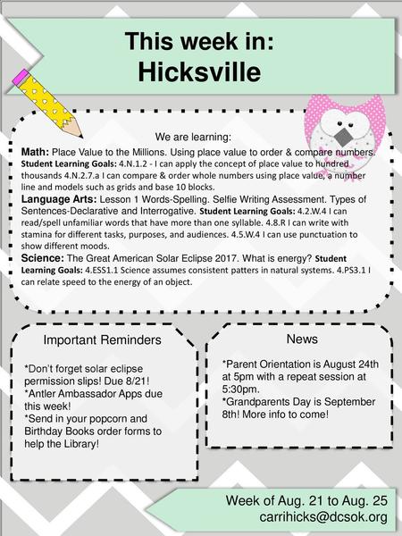 Hicksville This week in: We are learning: Week of Aug. 21 to Aug. 25