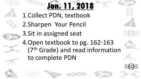 Jan. 11, 2018 Collect PDN, textbook Sharpen Your Pencil