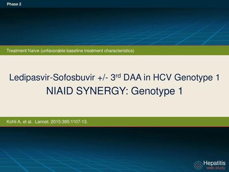 Phase 2 Treatment Naïve (unfavorable baseline treatment characteristics) Ledipasvir-Sofosbuvir +/- 3rd DAA in HCV Genotype 1 NIAID SYNERGY: Genotype.