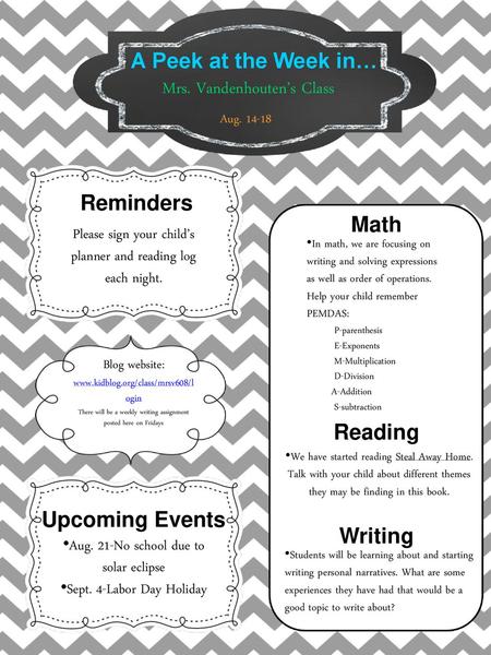 A Peek at the Week in… Reminders Math Reading Upcoming Events Writing