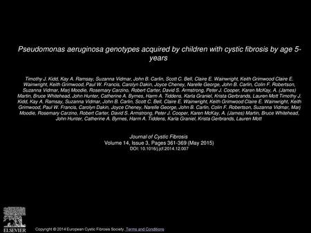 Pseudomonas aeruginosa genotypes acquired by children with cystic fibrosis by age 5- years  Timothy J. Kidd, Kay A. Ramsay, Suzanna Vidmar, John B. Carlin,