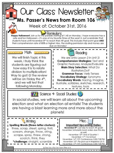 Ms. Passer’s News from Room 106 Important Upcoming Dates: