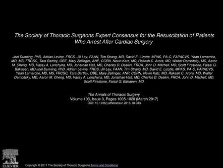 The Society of Thoracic Surgeons Expert Consensus for the Resuscitation of Patients Who Arrest After Cardiac Surgery  Joel Dunning, PhD, Adrian Levine,