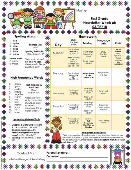 First Grade Newsletter Week of: 03/05/18 Homework