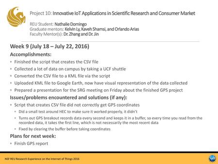 Project 10: Innovative IoT Applications in Scientific Research and Consumer Market REU Student: Nathalie Domingo Graduate mentors: Kelvin Ly, Kaveh.