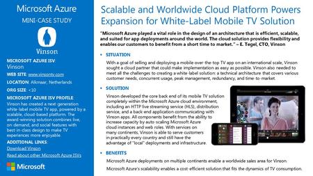 Scalable and Worldwide Cloud Platform Powers Expansion for White-Label Mobile TV Solution MINI-CASE STUDY “Microsoft Azure played a vital role in the design.