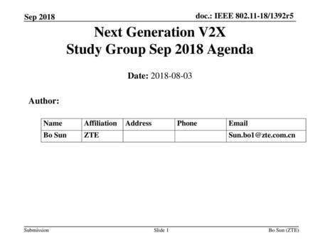 Next Generation V2X Study Group Sep 2018 Agenda