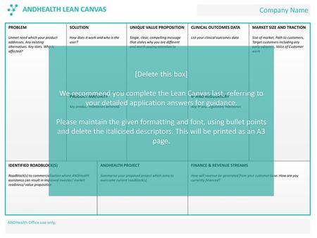 ANDHEALTH LEAN CANVAS Company Name IDENTIFIED ROADBLOCK(S)