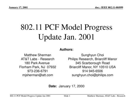 PCF Model Progress Update Jan. 2001