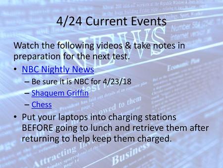 4/24 Current Events Watch the following videos & take notes in preparation for the next test. NBC Nightly News Be sure it is NBC for 4/23/18 Shaquem Griffin.