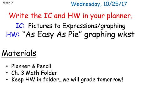 Materials Write the IC and HW in your planner.