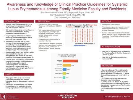 Awareness and Knowledge of Clinical Practice Guidelines for Systemic Lupus Erythematosus among Family Medicine Faculty and Residents Stephen James Kelton,