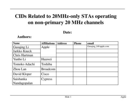 Month Year Doc Title CIDs Related to 20MHz-only STAs operating on non-primary 20 MHz channels Date: Authors: Name Affiliations Address Phone email Guoqing.