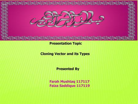 Presentation Topic Cloning Vector and its Types Presented By