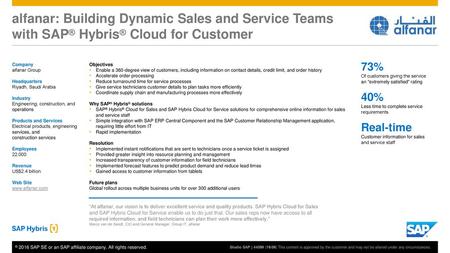 Alfanar: Building Dynamic Sales and Service Teams with SAP® Hybris® Cloud for Customer Company alfanar Group​ Headquarters ​Riyadh, Saudi Arabia Industry.