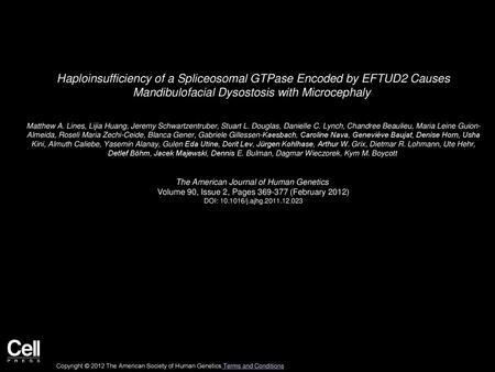 Haploinsufficiency of a Spliceosomal GTPase Encoded by EFTUD2 Causes Mandibulofacial Dysostosis with Microcephaly  Matthew A. Lines, Lijia Huang, Jeremy.