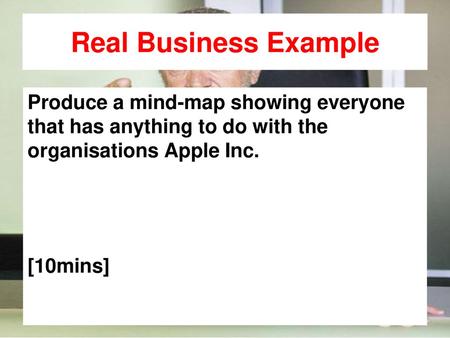 Real Business Example Produce a mind-map showing everyone that has anything to do with the organisations Apple Inc. [10mins]