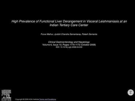 High Prevalence of Functional Liver Derangement in Visceral Leishmaniasis at an Indian Tertiary Care Center  Purva Mathur, Jyotish Chandra Samantaray,