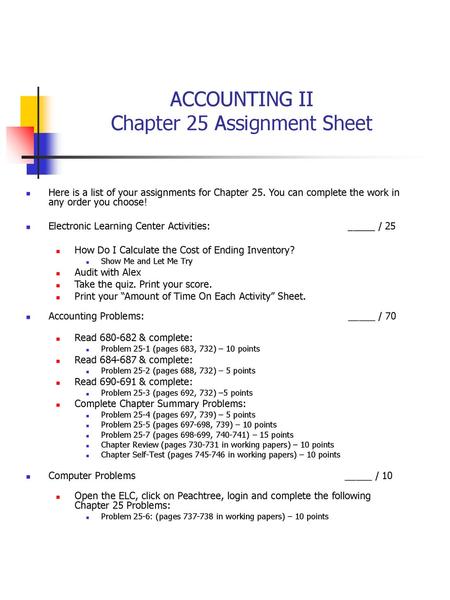 ACCOUNTING II Chapter 25 Assignment Sheet