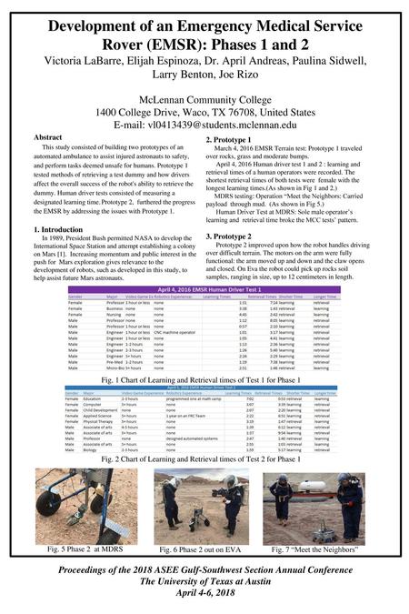 Development of an Emergency Medical Service Rover (EMSR): Phases 1 and 2 Victoria LaBarre, Elijah Espinoza, Dr. April Andreas, Paulina Sidwell, Larry.