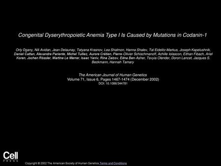 Congenital Dyserythropoietic Anemia Type I Is Caused by Mutations in Codanin-1  Orly Dgany, Nili Avidan, Jean Delaunay, Tatyana Krasnov, Lea Shalmon, Hanna.