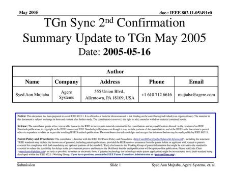 TGn Sync 2nd Confirmation Summary Update to TGn May 2005