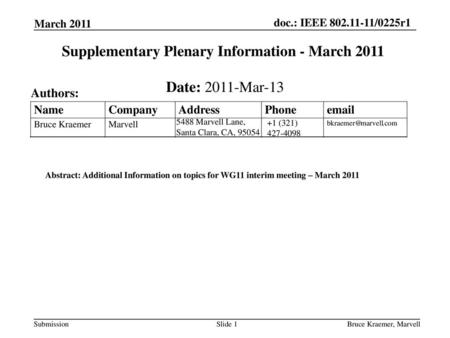 Supplementary Plenary Information - March 2011