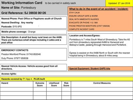 Working Information Card to be carried in safety sack