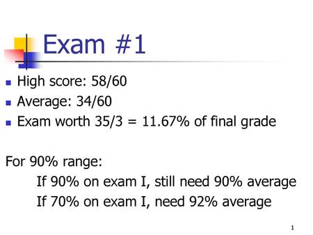 Exam #1 High score: 58/60 Average: 34/60