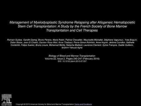 Management of Myelodysplastic Syndrome Relapsing after Allogeneic Hematopoietic Stem Cell Transplantation: A Study by the French Society of Bone Marrow.