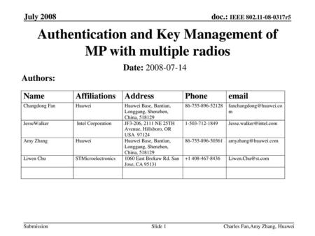 Authentication and Key Management of MP with multiple radios