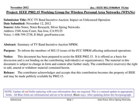 November 2012 Project: IEEE P802.15 Working Group for Wireless Personal Area Networks (WPANs) Submission Title: FCC TV Band Incentive Auction: Impact on.