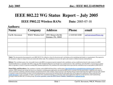 IEEE WG Status Report – July 2005