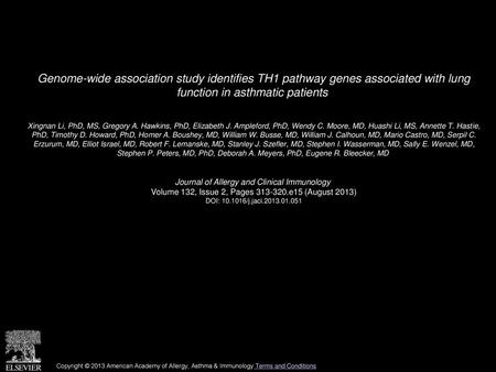 Genome-wide association study identifies TH1 pathway genes associated with lung function in asthmatic patients  Xingnan Li, PhD, MS, Gregory A. Hawkins,