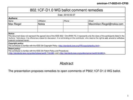 802.1CF-D1.0 WG ballot comment remedies