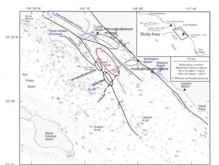 Continental shelf offshore San Pedro/Long Beach showing general location of the Wilmington Graben in red Small circles are earthquake epicenters Line of.