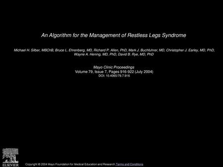 An Algorithm for the Management of Restless Legs Syndrome