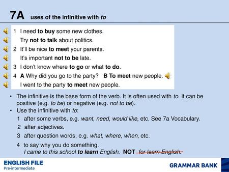 7A uses of the infinitive with to