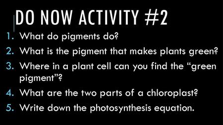 Do now activity #2 What do pigments do?