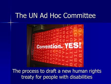 The UN Ad Hoc Committee The process to draft a new human rights treaty for people with disabilities.