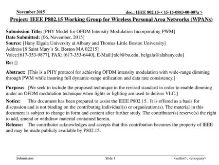 November 2015 Project: IEEE P802.15 Working Group for Wireless Personal Area Networks (WPANs) Submission Title: [PHY Model for OFDM Intensity Modulation.