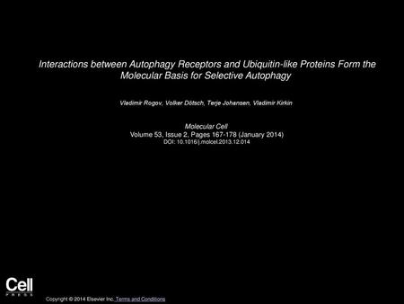 Interactions between Autophagy Receptors and Ubiquitin-like Proteins Form the Molecular Basis for Selective Autophagy  Vladimir Rogov, Volker Dötsch,