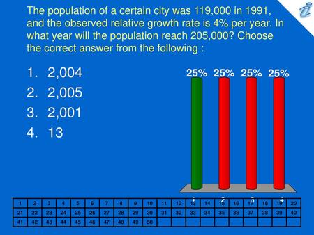 The population of a certain city was 119,000 in 1991, and the observed relative growth rate is 4% per year. In what year will the population reach 205,000?