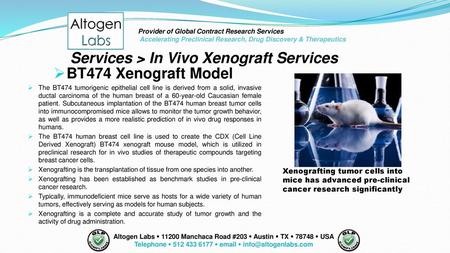 Telephone  512 433 6177  email  info@altogenlabs.com Provider of Global Contract Research Services Accelerating Preclinical Research, Drug Discovery.