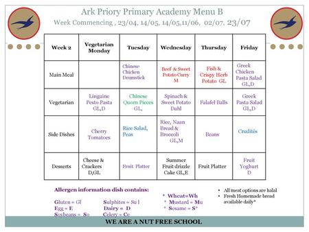 Vegetarian Monday Tuesday Wednesday Thursday Friday Main Meal