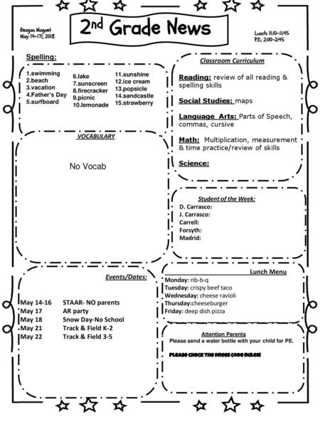 2nd Grade News No Vocab Reagan Spelling Words Spelling Words