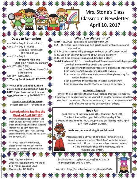 Mrs. Stone’s Class Classroom Newsletter April 10, 2017