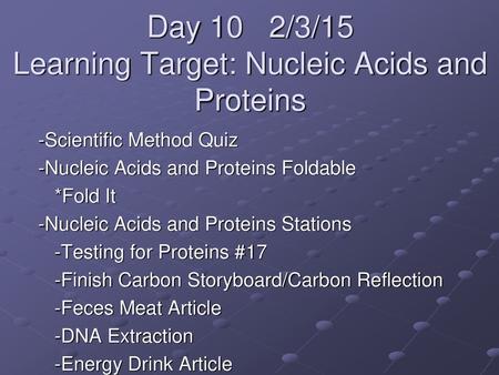 Day 10 2/3/15 Learning Target: Nucleic Acids and Proteins